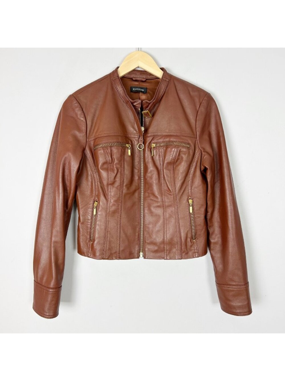 Y2K Bebe Brown Leather Moto Jacket Fall Classic Size Small Women's